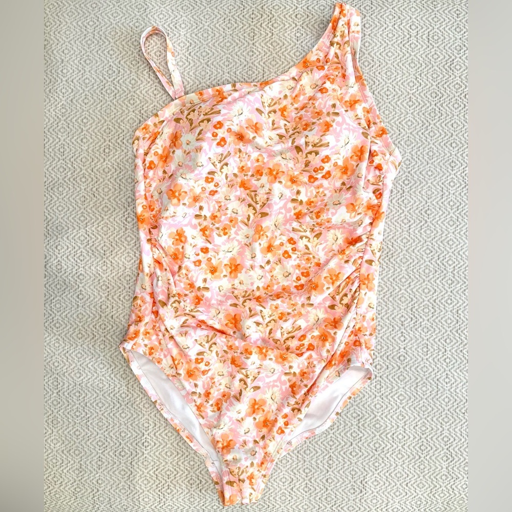 Kona Sol One Shoulder Orange Floral Print Shirred Sides & High Back Coverage. - Picture 3 of 7